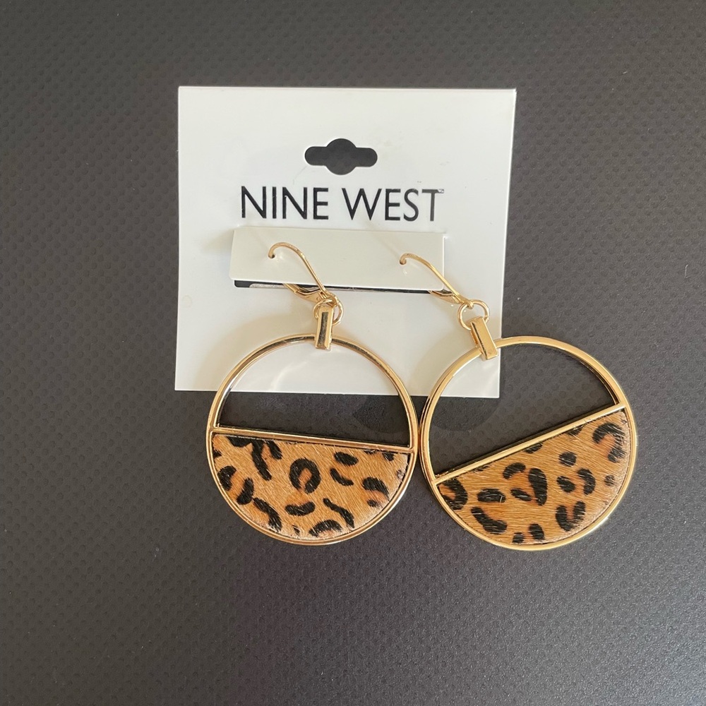Nine West Gold and Leopard Print Round Drop Earrings
